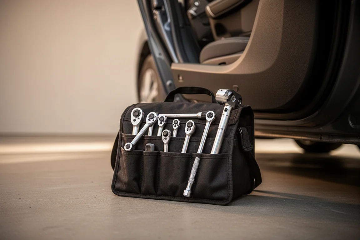 Borsa portautensili compatta piena di cricchetti e bussole all'interno di un'auto