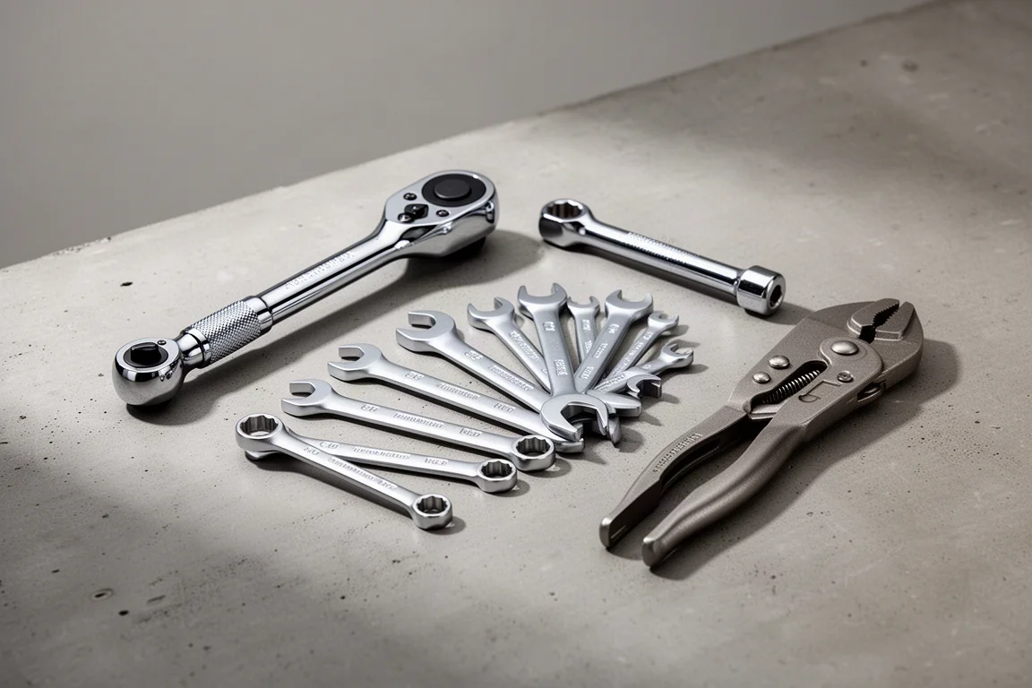 Assortment of ratchets, offset wrenches and pliers arranged on a concrete workshop surface