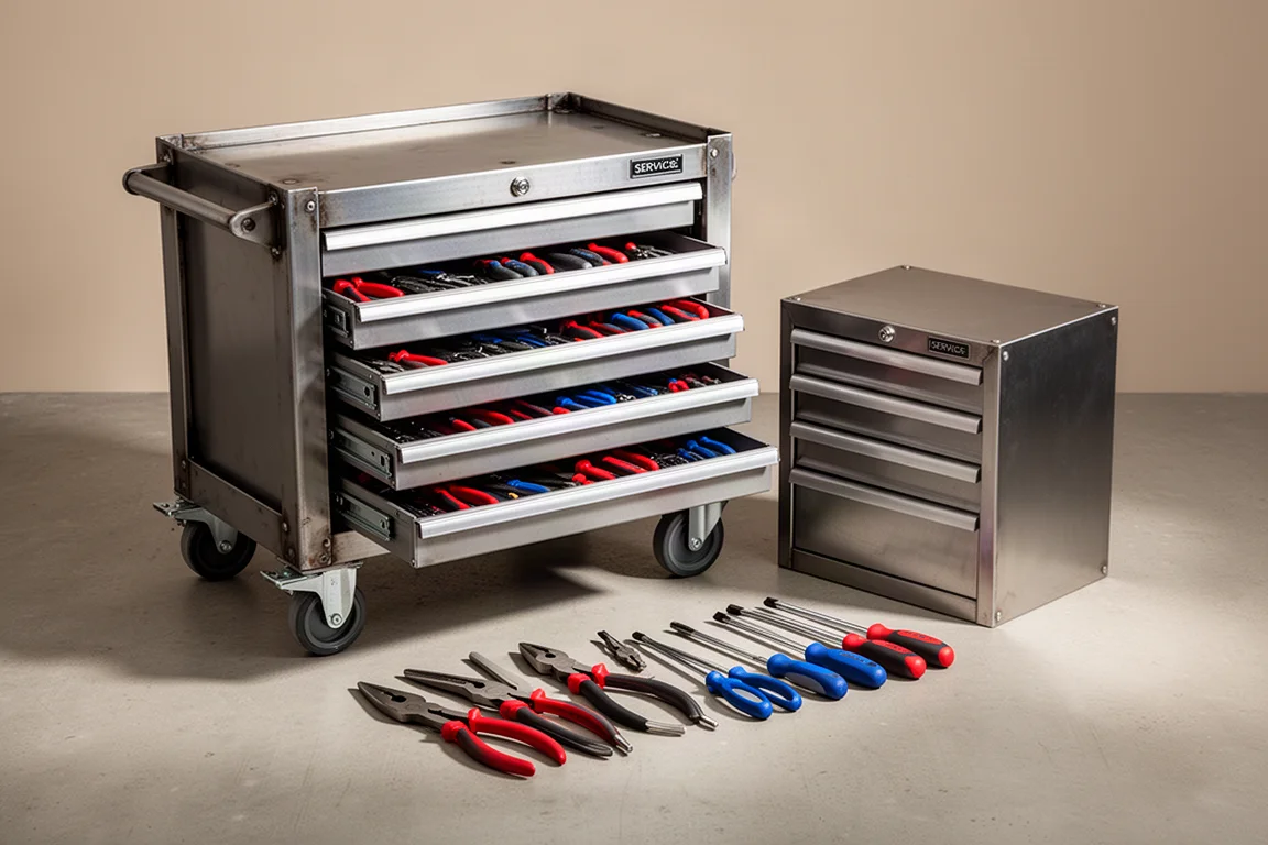Steel tool cart, tool cabinet and assorted pliers and screwdrivers on a concrete workshop floor