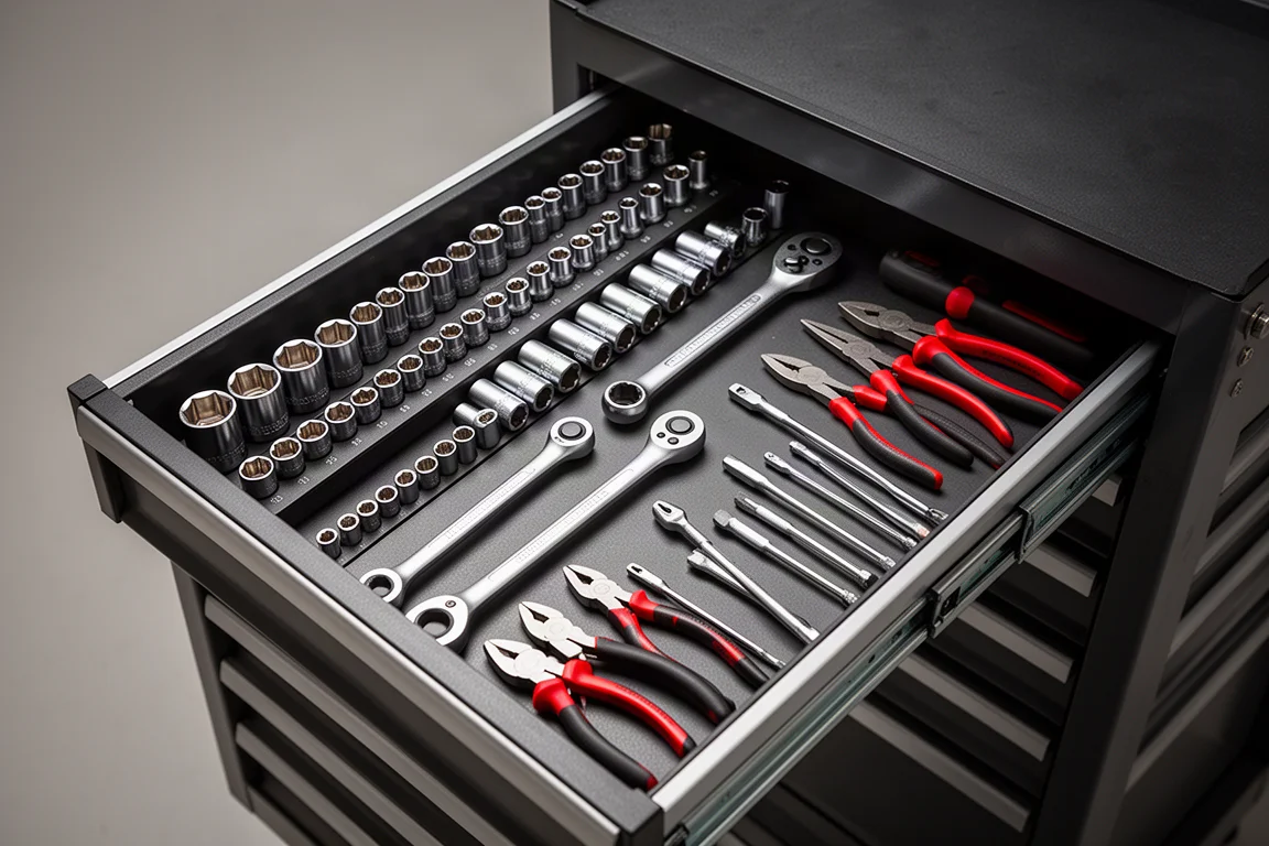 Organized tool cart drawer with sockets, wrenches, and hand tools on magnetic rails