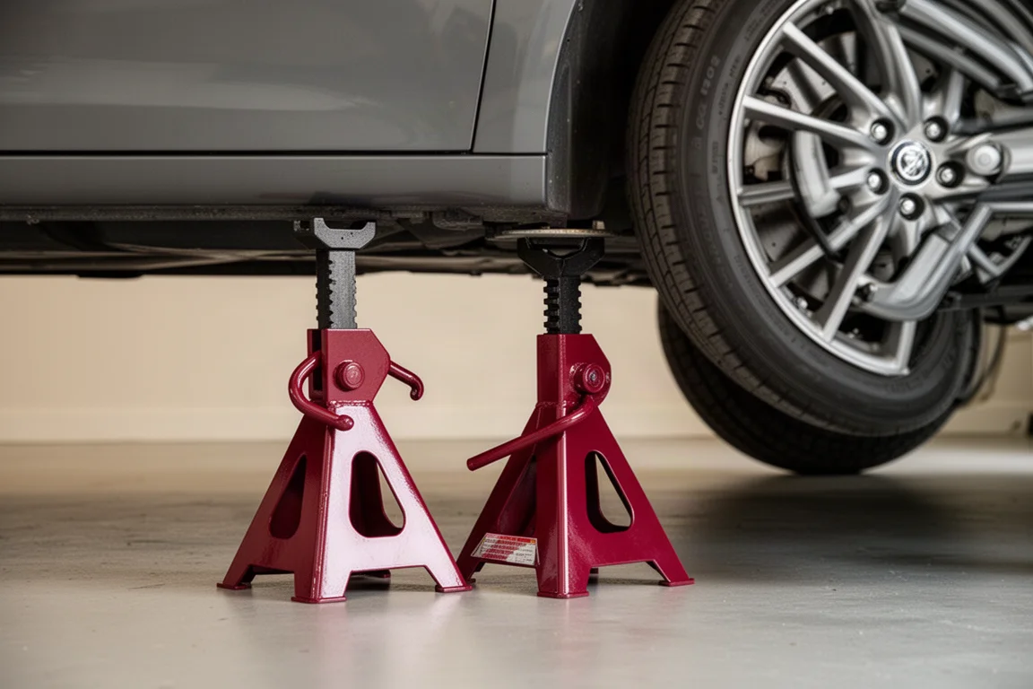 Par de soportes de gato rojos sosteniendo un coche en un garaje doméstico