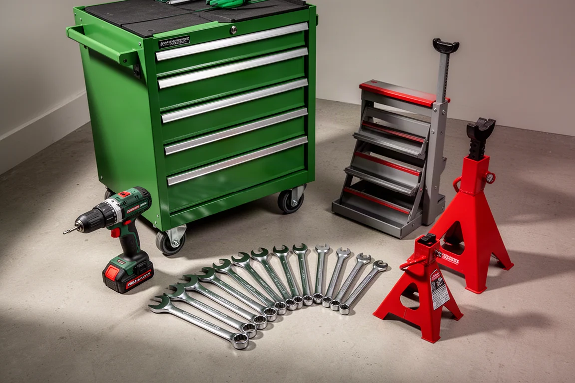 Green tool cart, cordless drill, impact driver, wrenches and red jack stands arranged on concrete