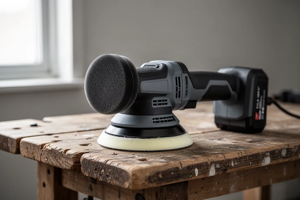 Cordless orbital polisher with foam pad resting on a workbench