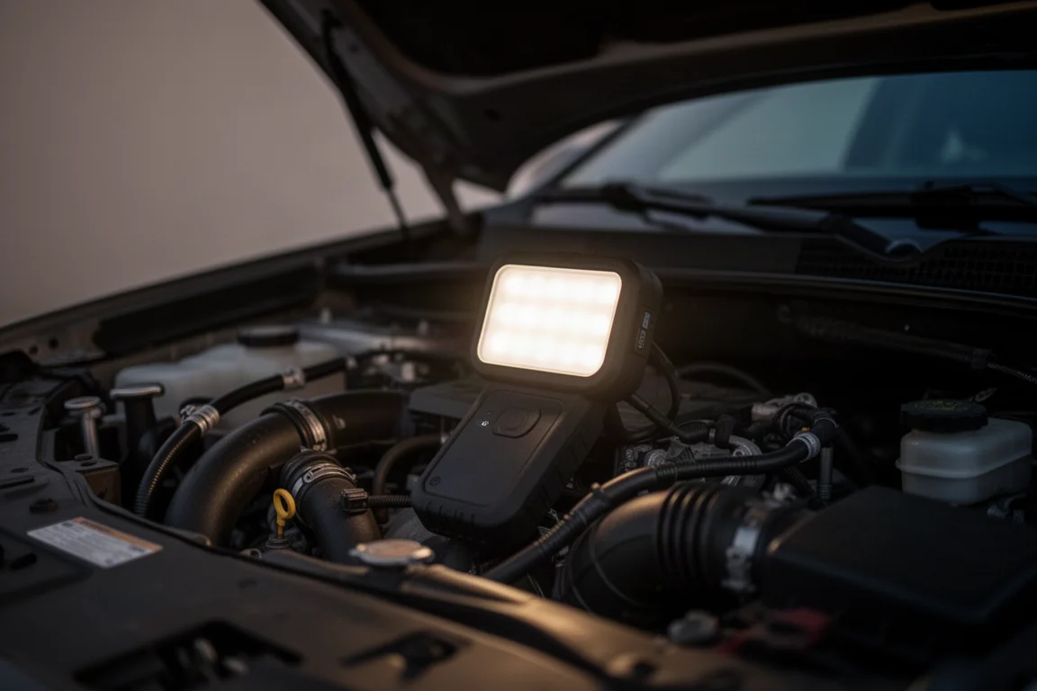 Rechargeable inspection light glowing inside an open engine bay