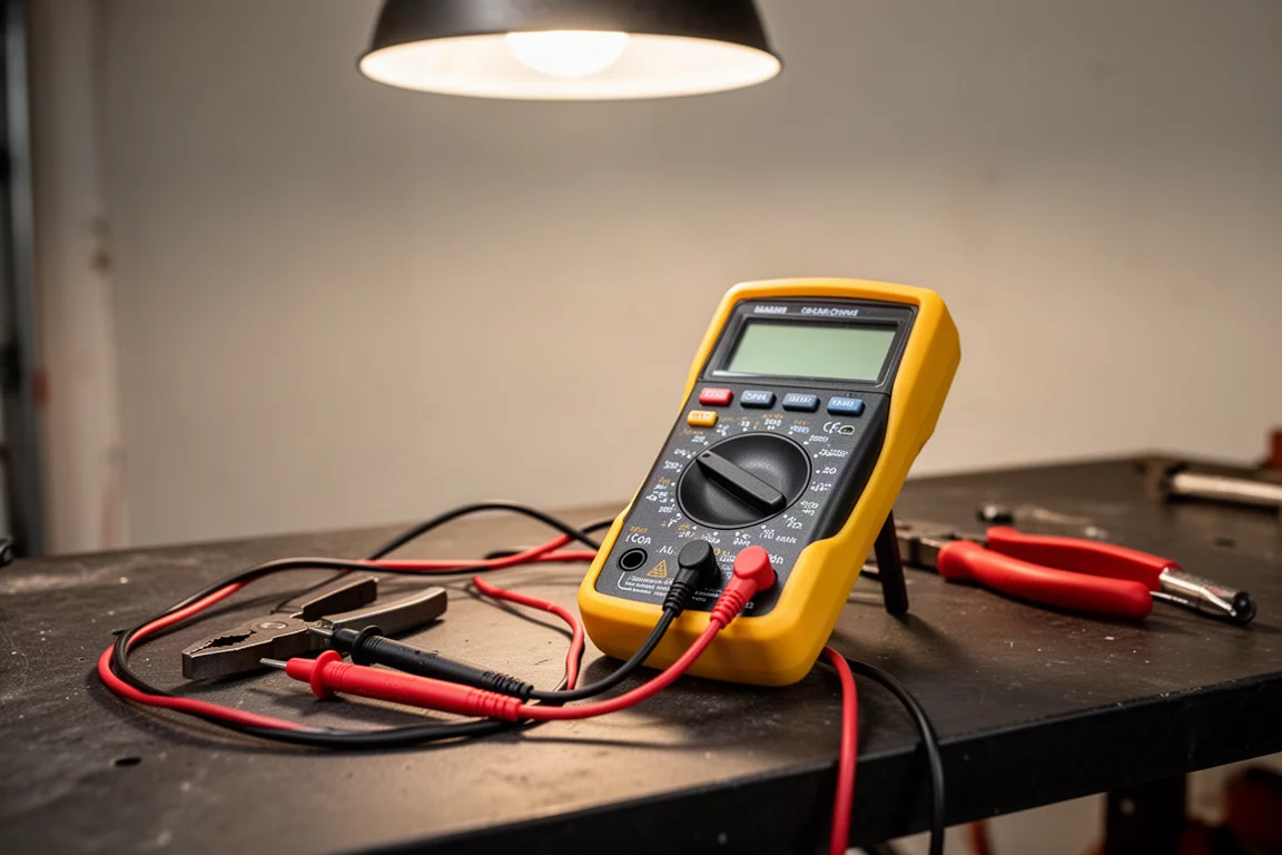 Digital multimeter with test leads laid out on a garage workbench
