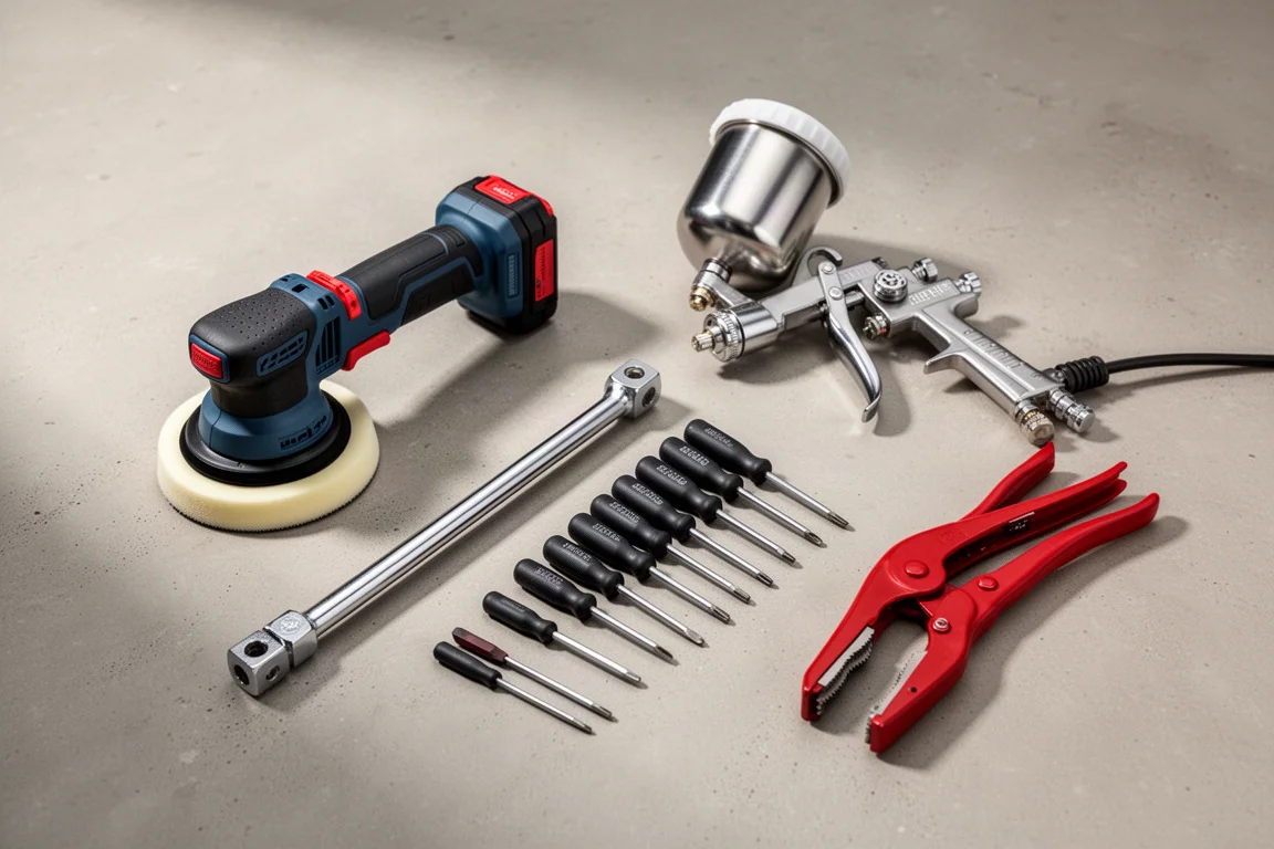 Assortment of workshop tools including a polisher, spray gun, breaker bar, screwdrivers and locking pliers on concrete