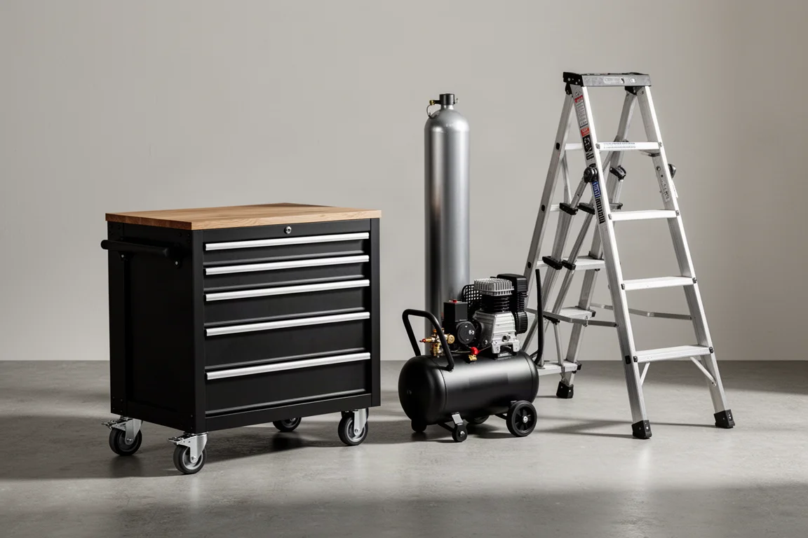 Tool cabinet, air compressor, and multi-position ladder arranged in a workshop setting