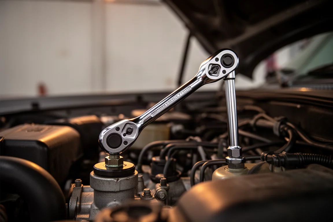 Flexkopf-Ratsche schwenkt an einer Schraube im Motorraum