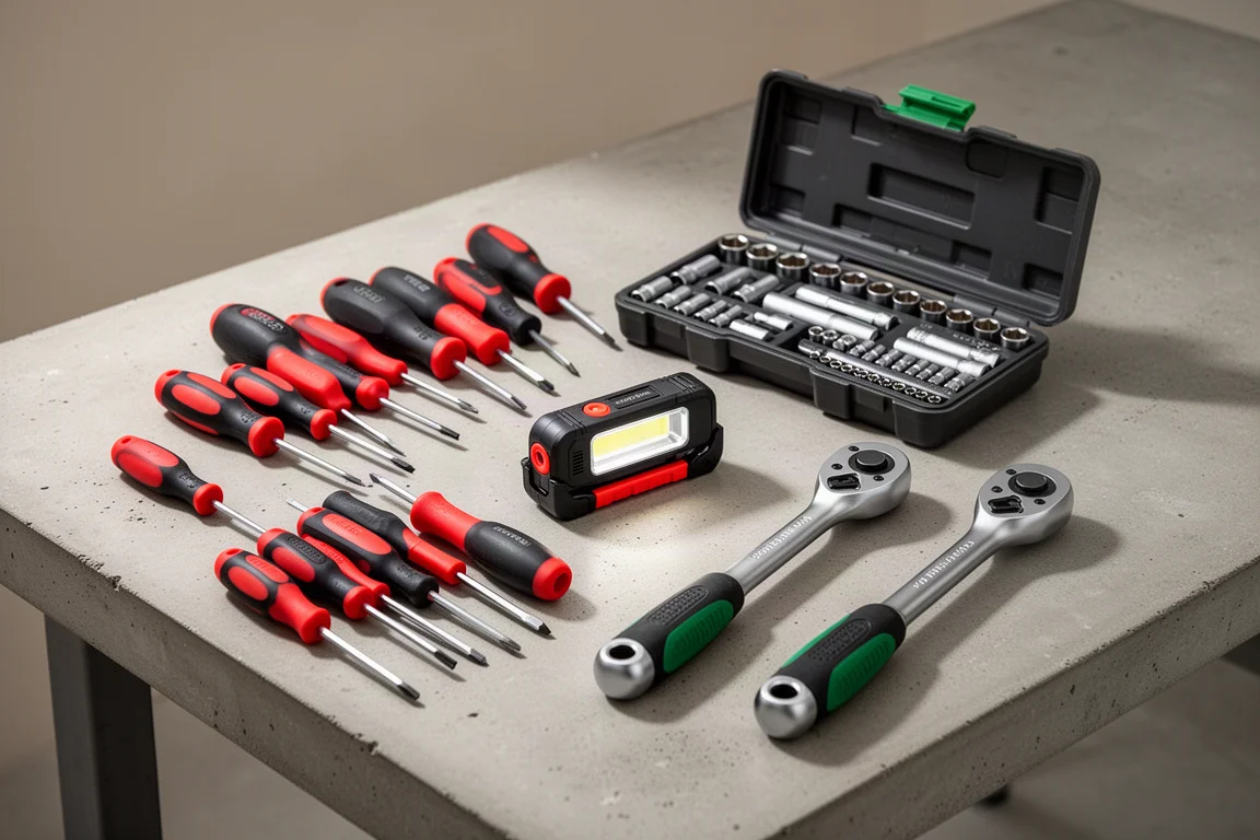 Hand tools including screwdrivers, a folding work light, a socket set and ratchets arranged on a concrete workbench