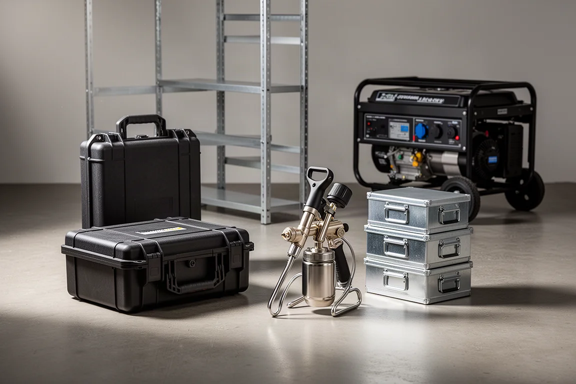 A lineup of tools and equipment including a case, sprayer, shelving and generator