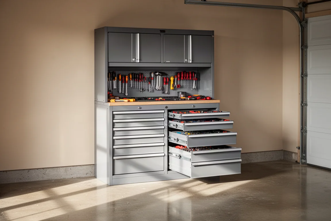 Armadio grigio per utensili aperto con cassetti ordinati in un'officina