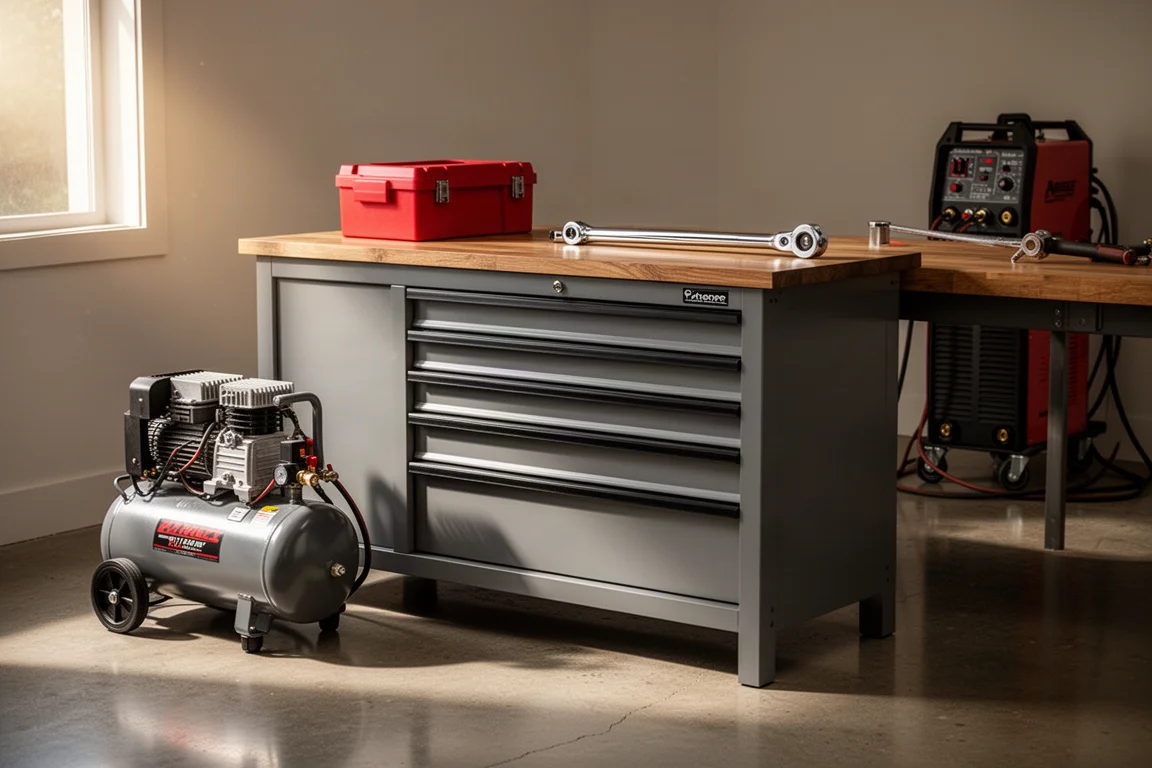 Organized garage workbench with tool cabinet, air compressor, breaker bar, and welder