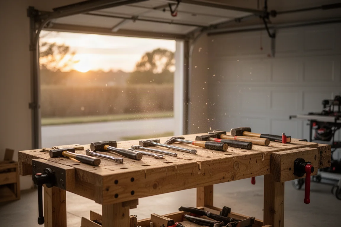 A home garage workshop with tools arranged on a workbench under warm lighting