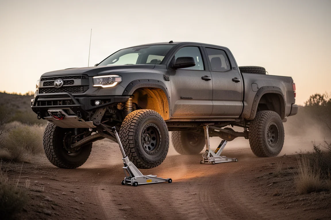 A lifted pickup truck raised on an off-road jack during a trail-side tire change