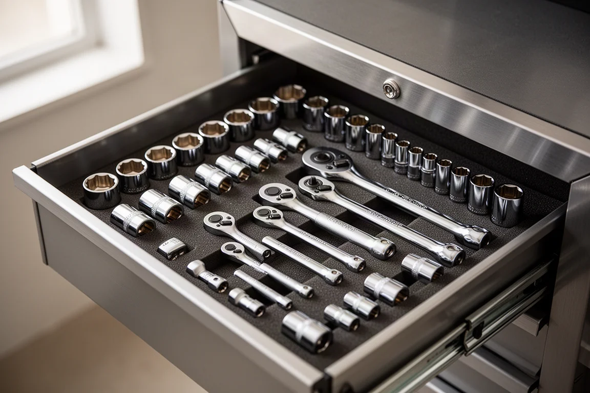 An organized drawer of metric sockets and ratchets on a foam-lined tray