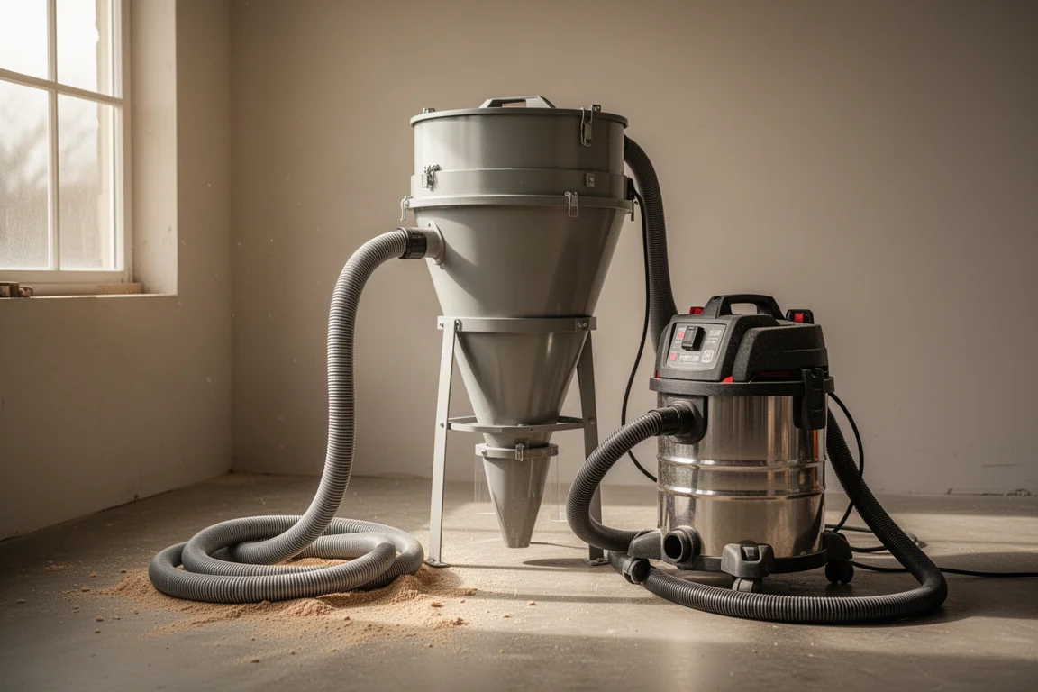 A portable dust separator unit connected to a shop vacuum in a home workshop