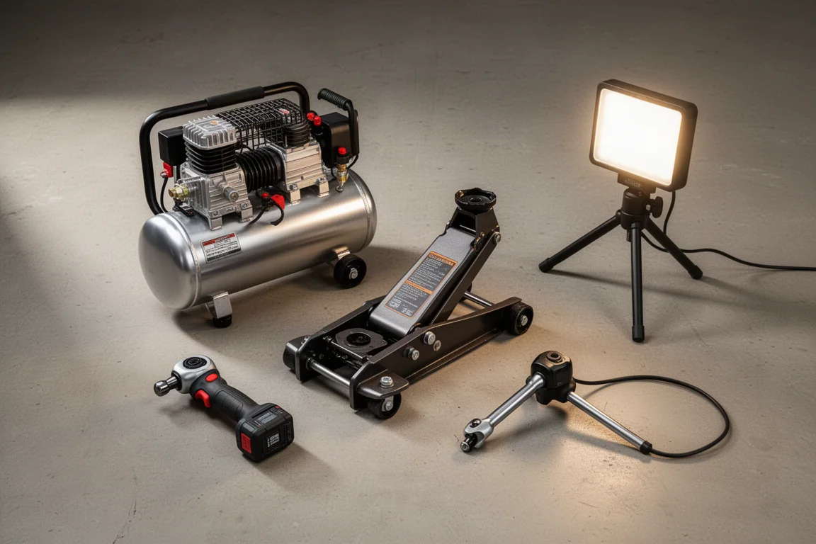 Workshop tools including a compressor, floor jack, ratchet and work light arranged on concrete
