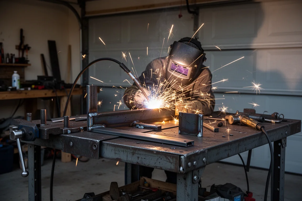 Lasser werkt in een thuisgarage bij schemering aan een stalen project