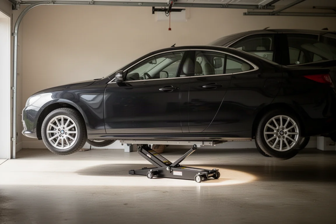 Auto op een lage vloerkruk in een nette garage gekrikt