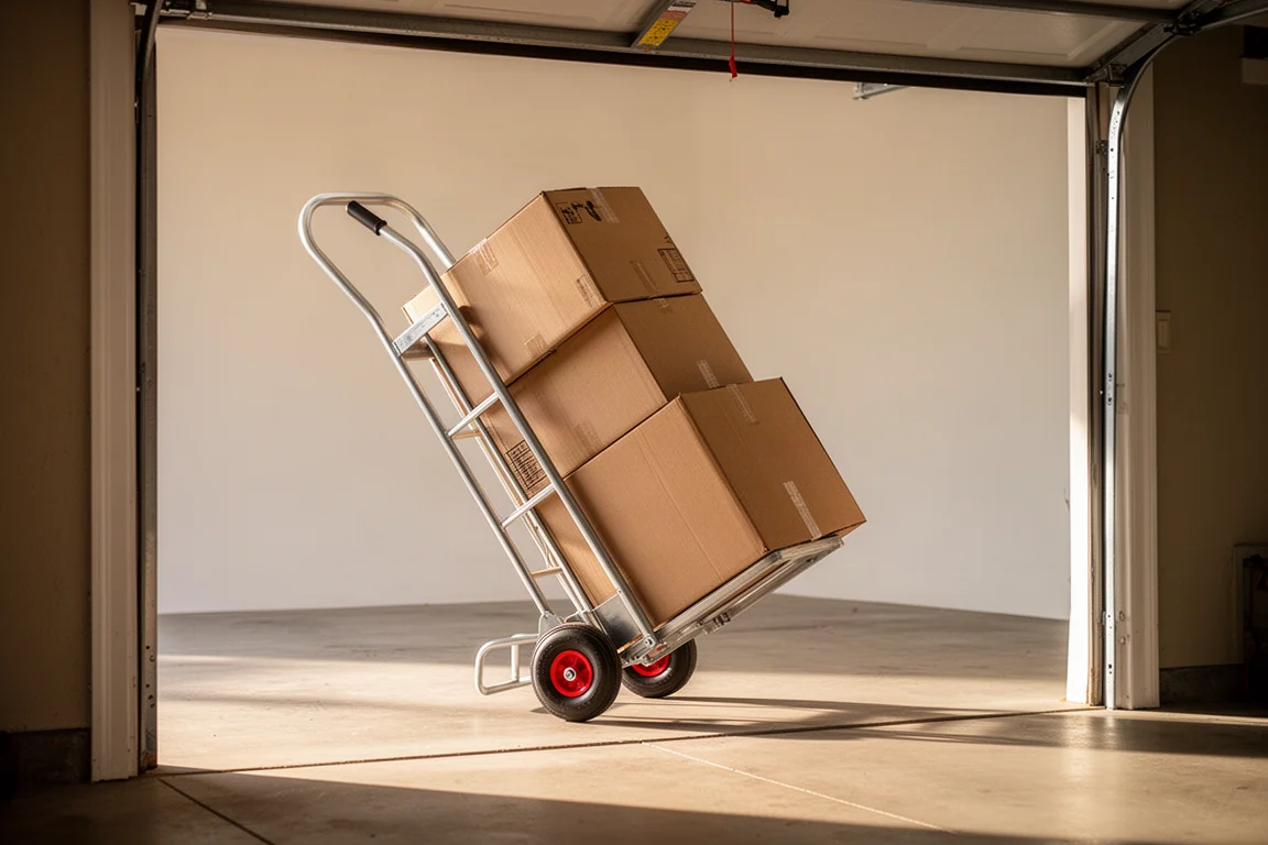 Steekwagen met een zware doos geladen in een garagedeur