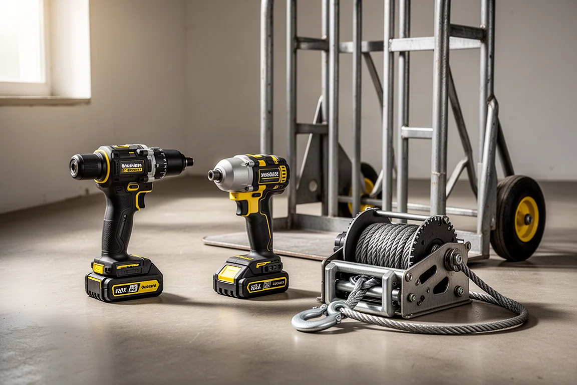 Workshop tools including a drill, battery pack, hand truck and winch on a concrete floor