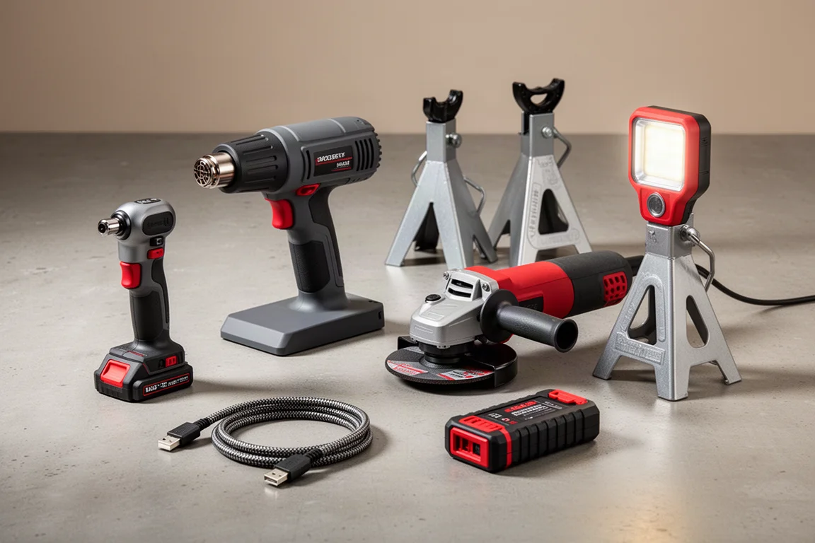 Assorted workshop tools arranged on a concrete surface including a ratchet, heat gun, angle grinder and jack stands