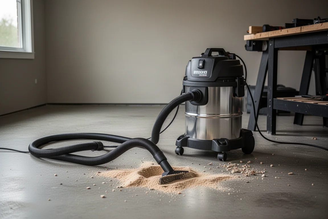 Un aspirateur eau et poussière nettoyant la sciure sur le sol d'un garage