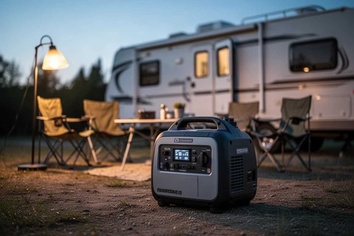 Groupe électrogène onduleur silencieux alimentant un camping au crépuscule