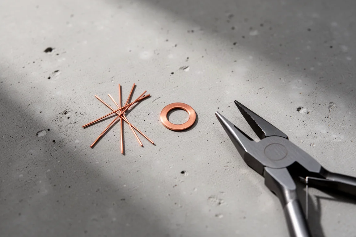 Établi avec de petits morceaux de cuivre, des rondelles et des pinces de précision disposés sur une surface en béton