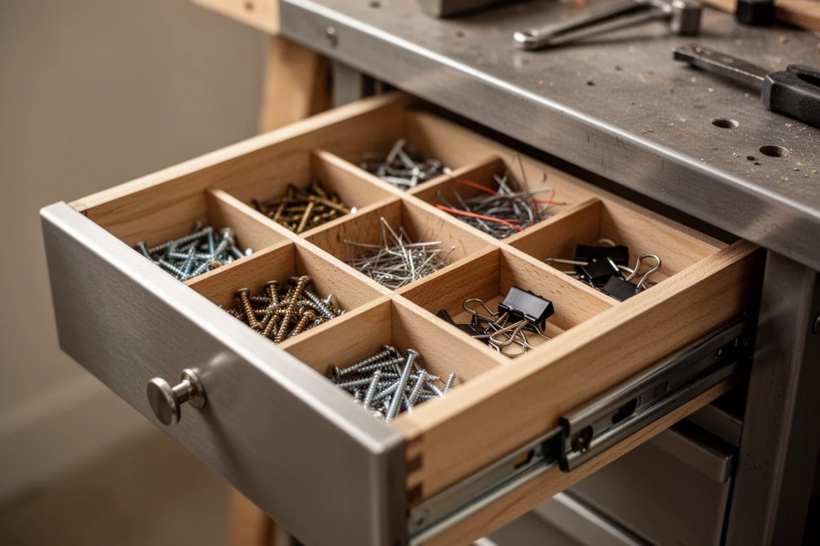 Tiroir à pièces ouvert dans un atelier familial bien organisé, avec des bacs de petite quincaillerie