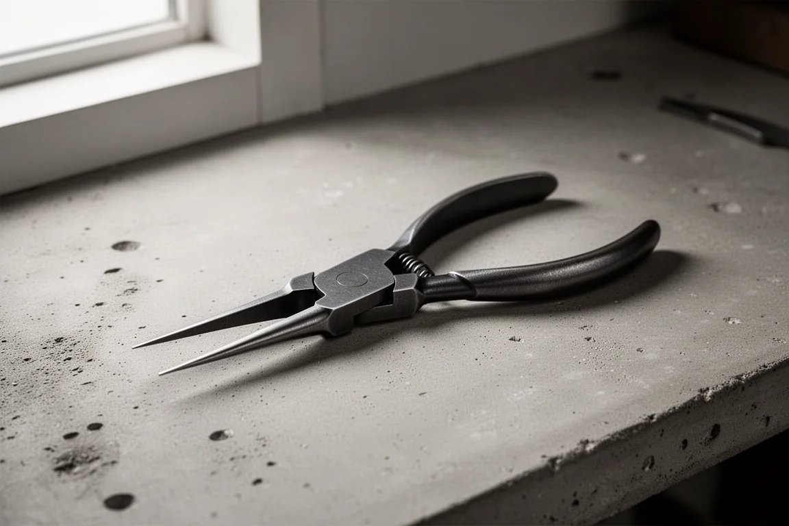 Doyle 5 inch tweezer pliers with ultra fine tips on a concrete workbench