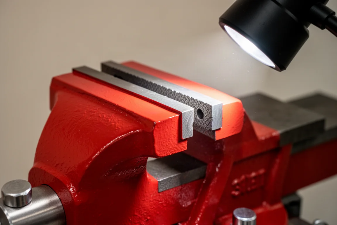 Vergroot inspectie van een metalen oppervlak op gietfouten in een bankschroef