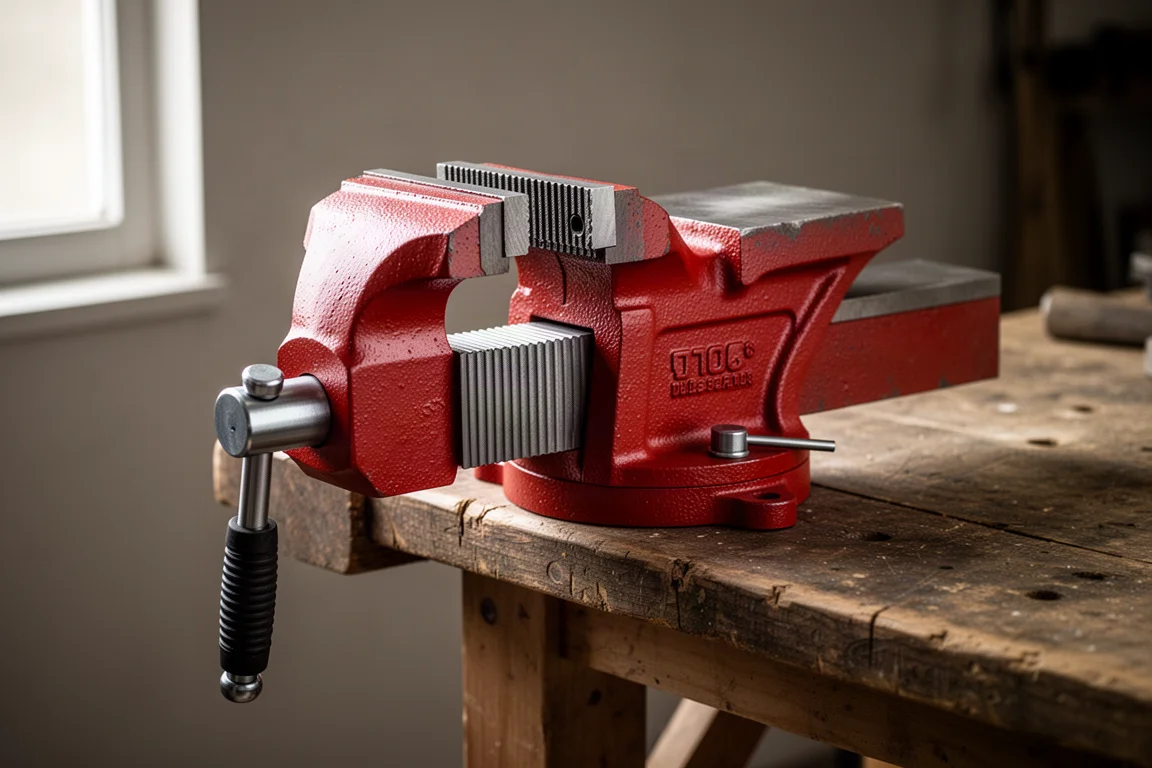 Red ductile iron bench vise with steel jaws and rear anvil mounted on a wooden workbench