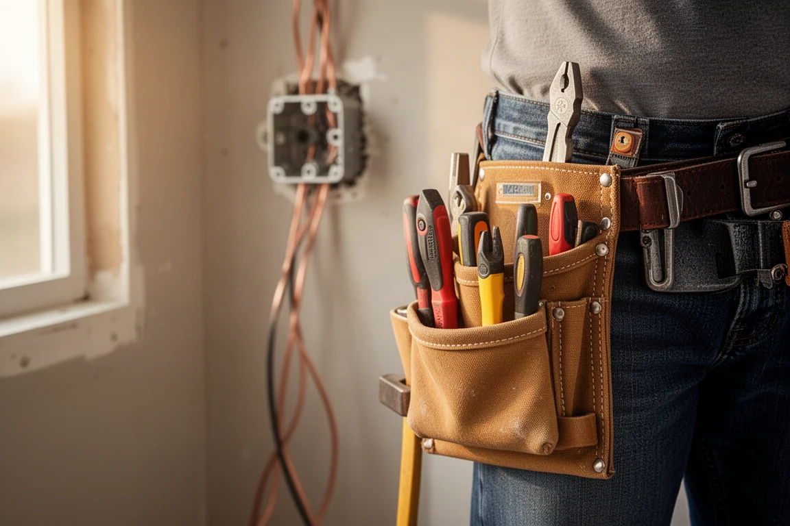 Pochette à outils d'électricien sur une ceinture sur un chantier résidentiel