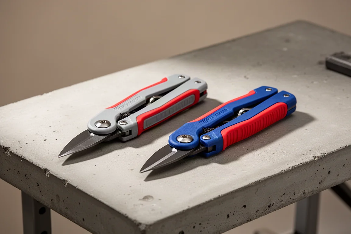 Doyle and Knipex electrician shears side by side on a concrete workbench
