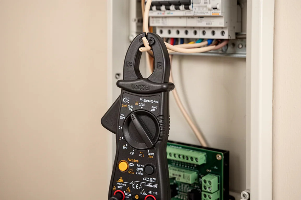 Zangenamperemeter misst Strom an einer Verkabelung neben einem Hausverteiler