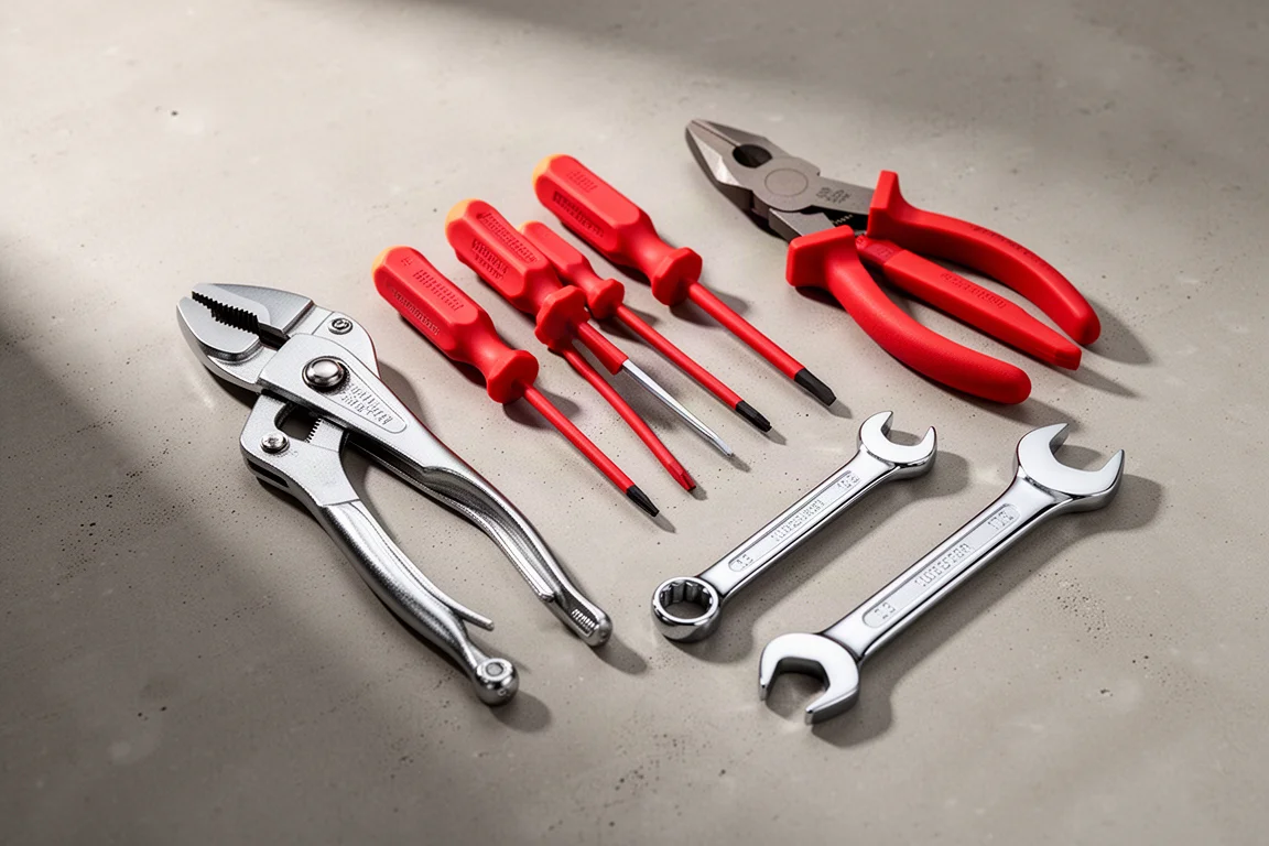 Flat-lay of water pump pliers, screwdrivers, shears and chrome wrenches on concrete