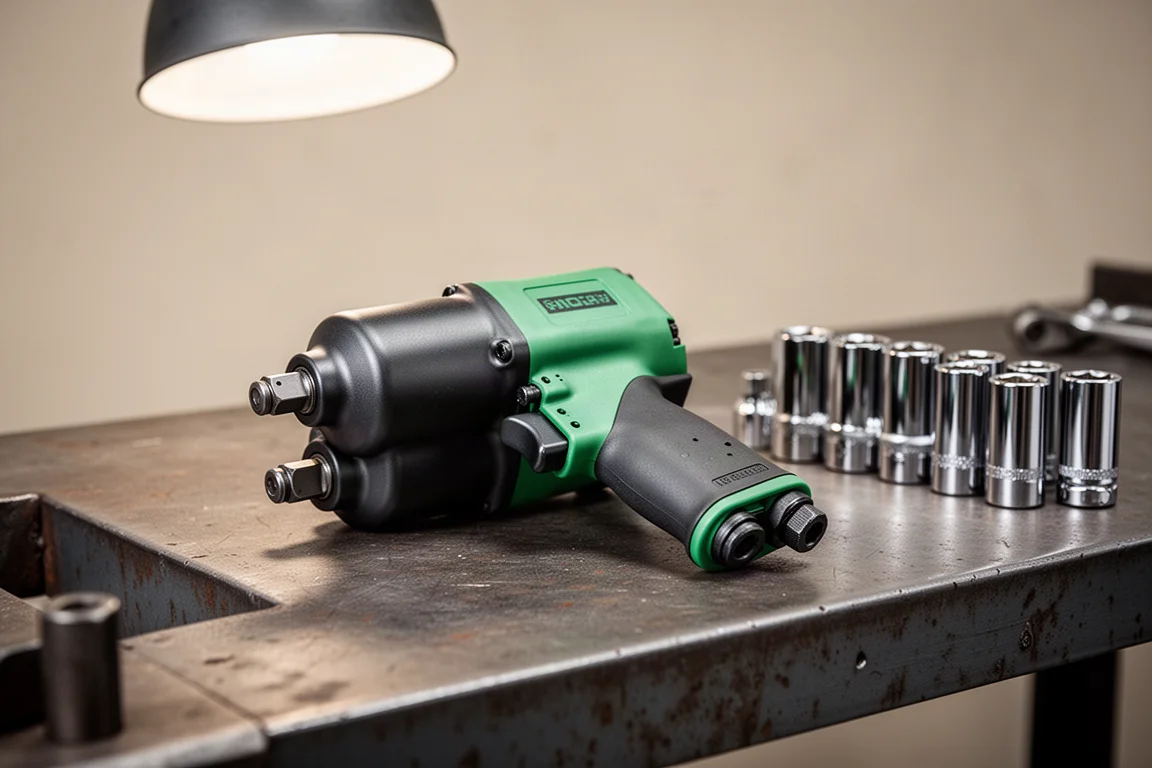 Compact half-inch air impact wrench resting on a workshop bench