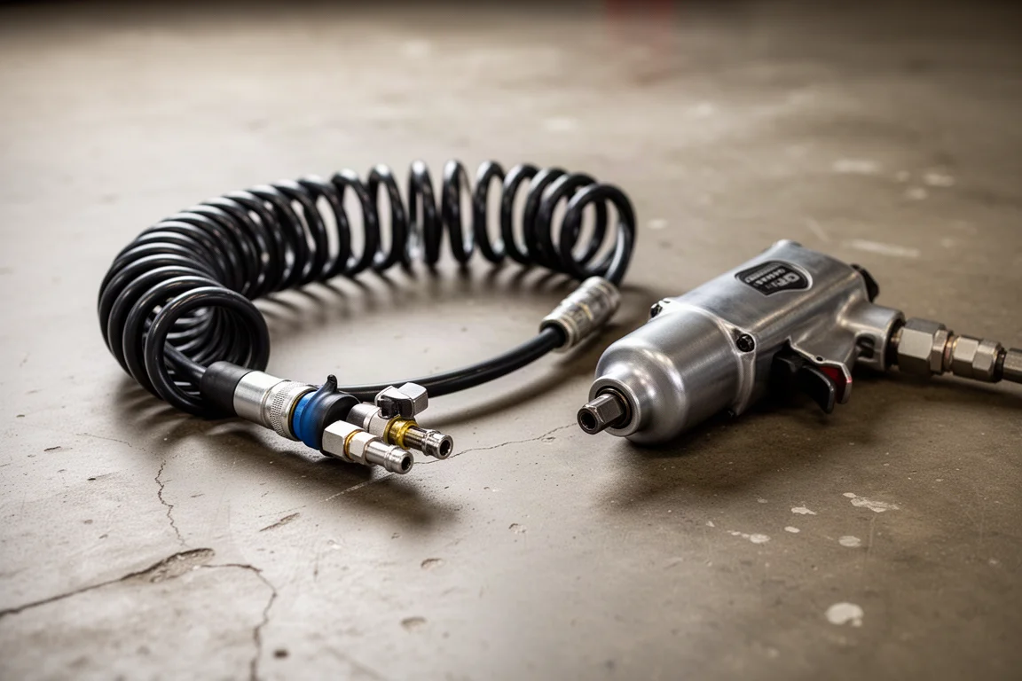 Air compressor hose connected to an impact wrench on a garage floor