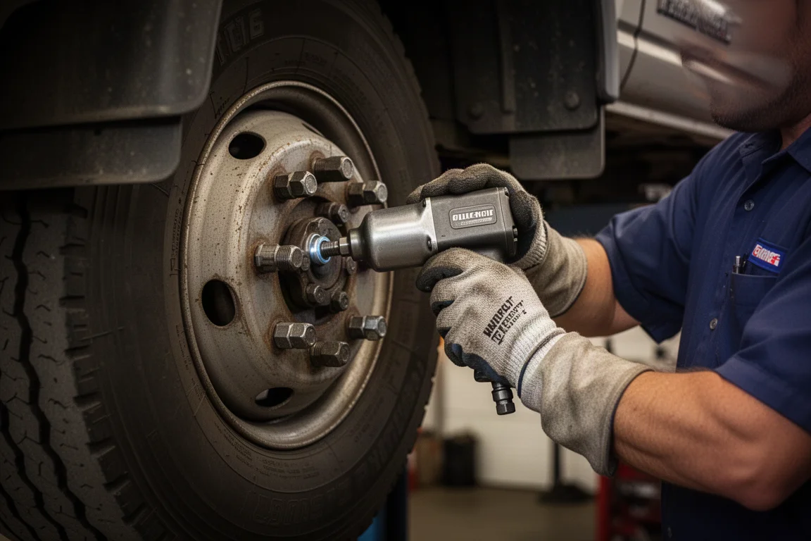 Mechanic loosening a large lug nut with an impact wrench