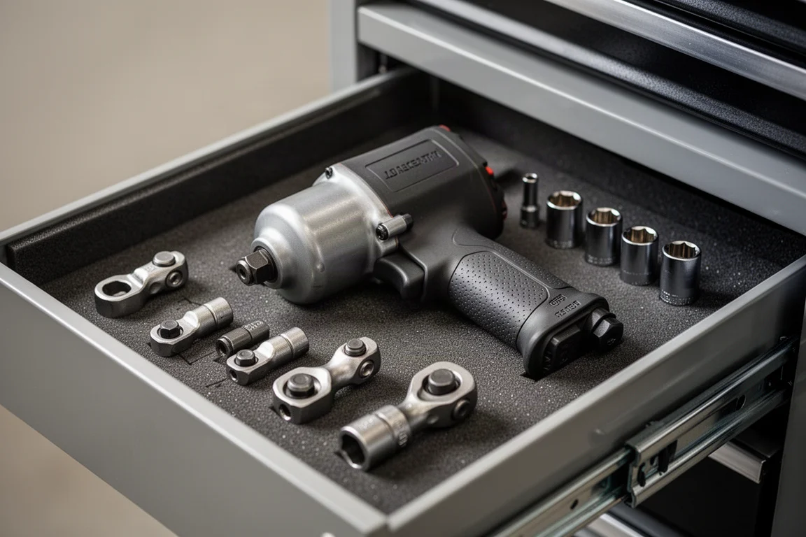 Organized tool chest drawer with impact wrenches and sockets
