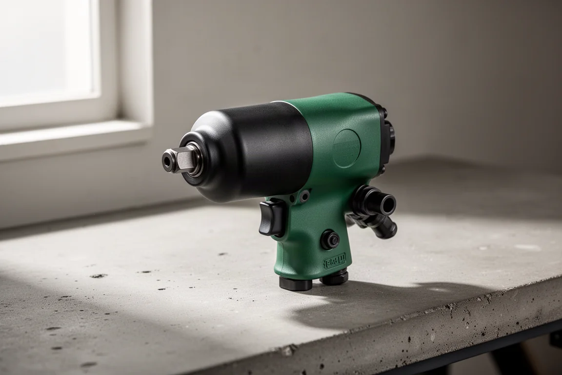 Compact half-inch air impact wrench on a matte concrete workbench