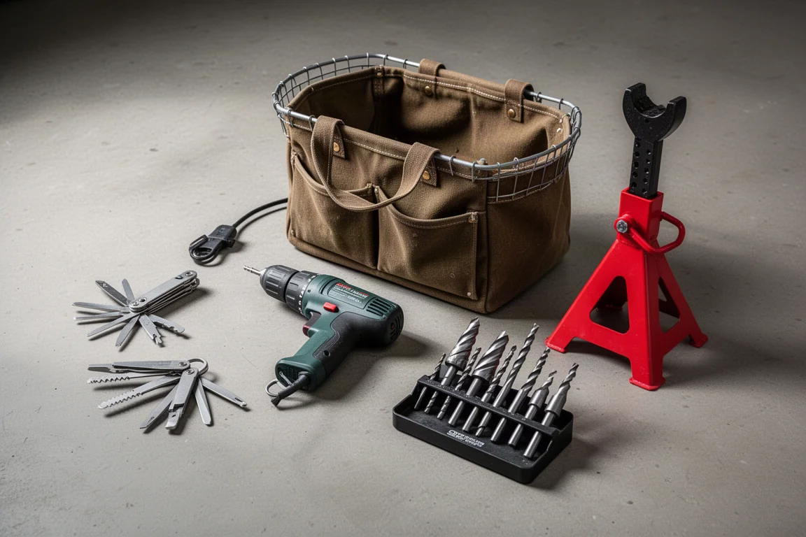 Flat-lay of garage tools including a multi-tool, tool bag, jack stand and drill bits on concrete
