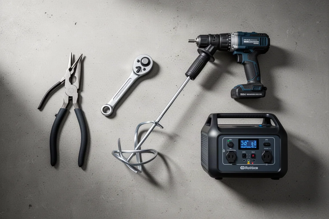 Flat-lay of assorted workshop tools including pliers, ratchet, and mixer on concrete