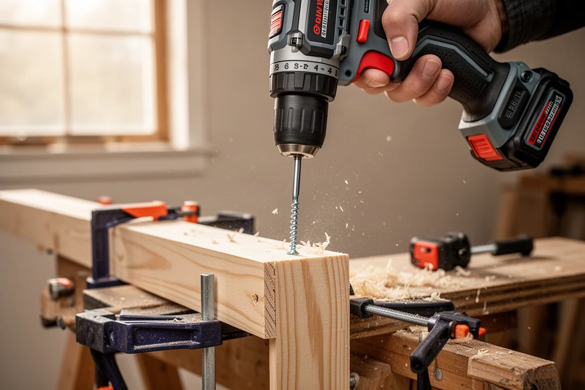 Taladro inalámbrico atornillando un tornillo en un montante de madera en un taller