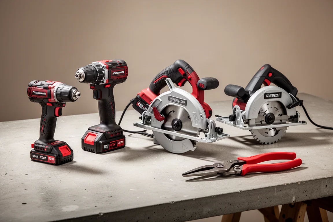 Workshop bench with cordless drills, saws, and red-handled pliers on concrete