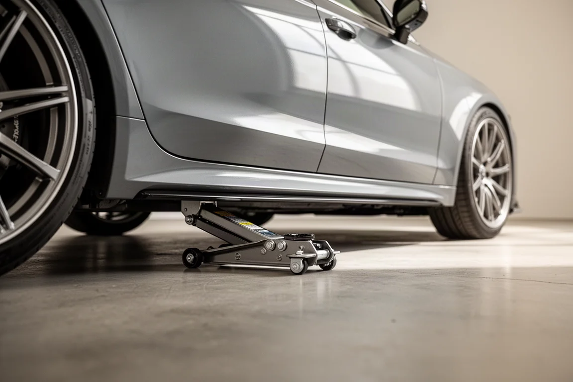 Flacher Rangierheber, der unter den Einstiegsschwert eines tiefergelegten Autos in einer Garage geschoben wird