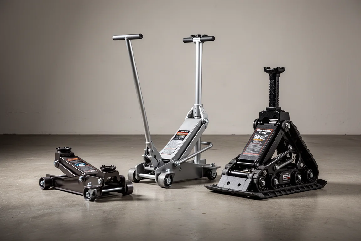 Row of low profile floor jacks in yellow and metallic finishes on a concrete garage floor