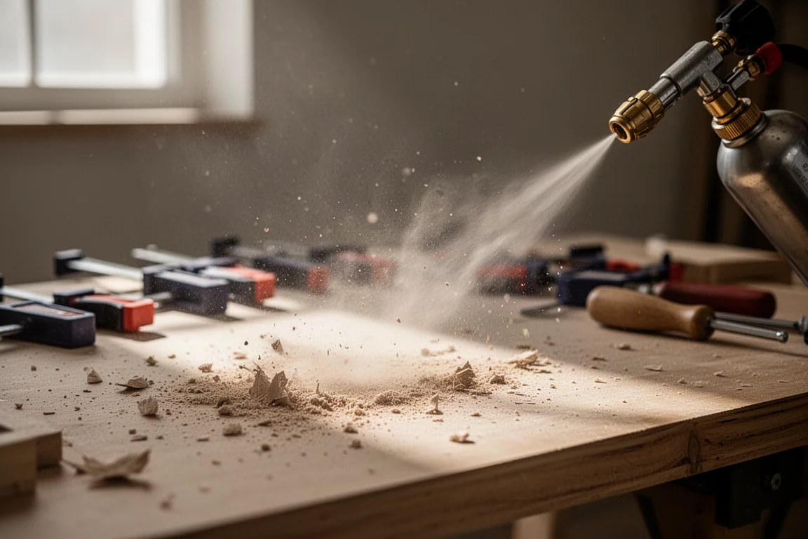 Eine unordentliche Werkbank, die mit Pressluft gereinigt wird, Staub treibt im Licht