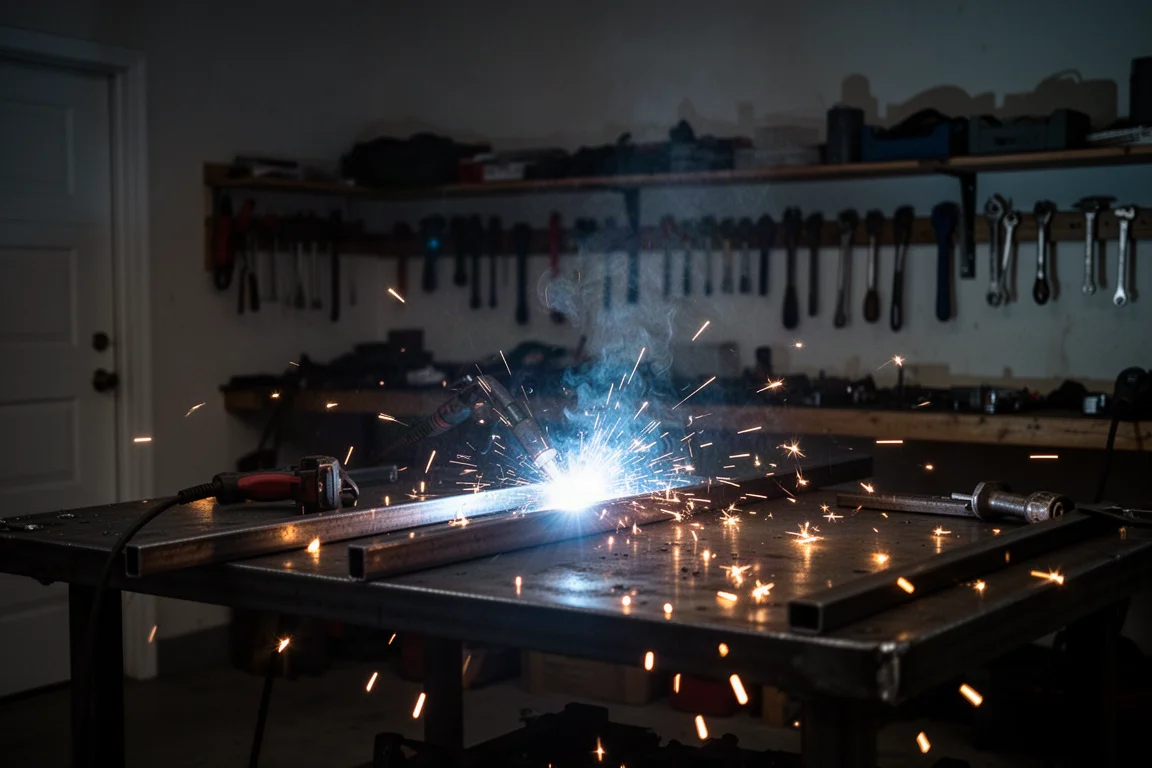 Ein Schweißer arbeitet in einer dunklen Garage, helle Funken fliegen